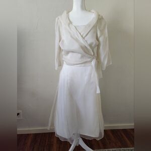 Watters & Watters White Midi Strapless Wedding Dress With Sheer Jacket